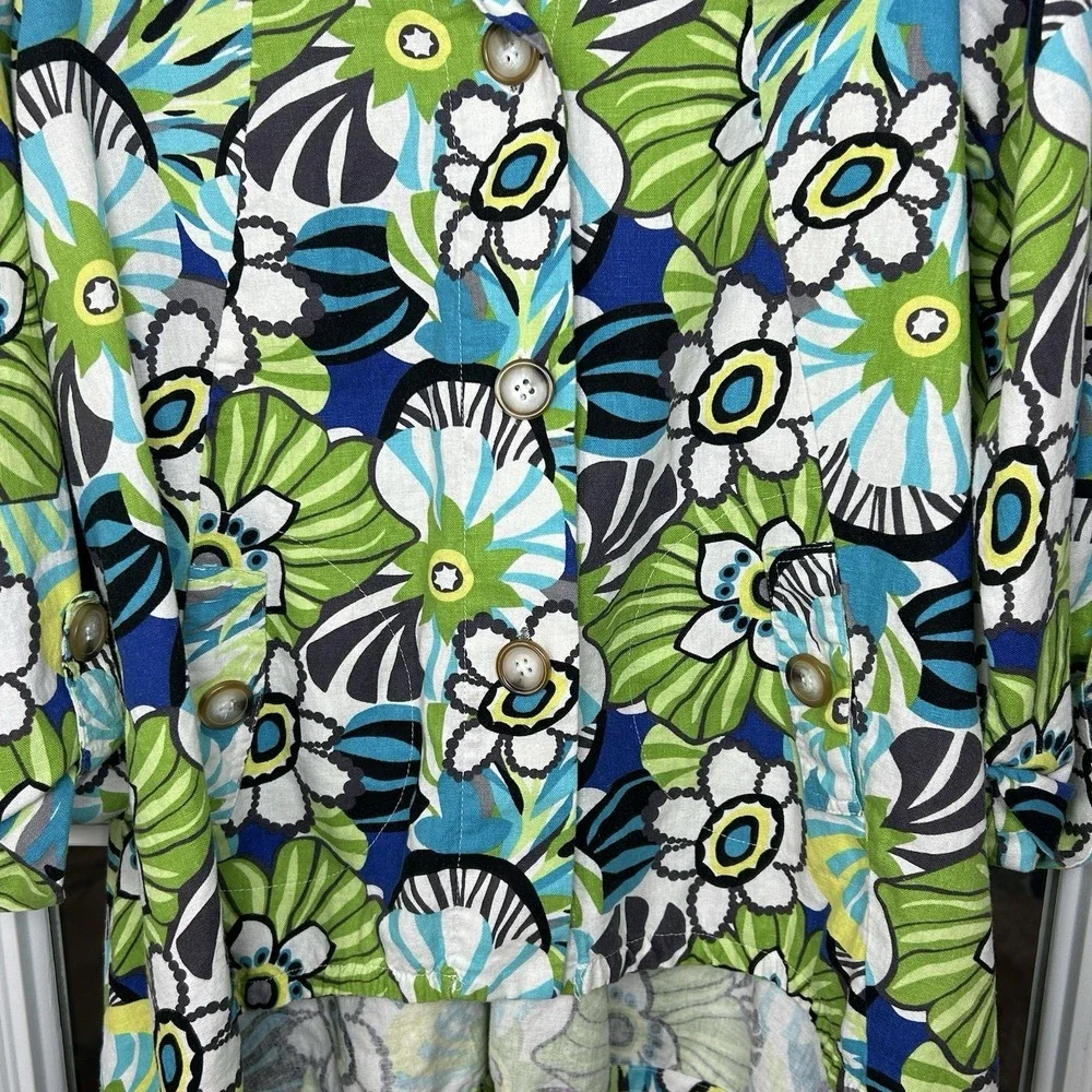 For Cynthia Linen Blend Floral Print Button Down Top Roll Tab Cuff Tunic Size L‎